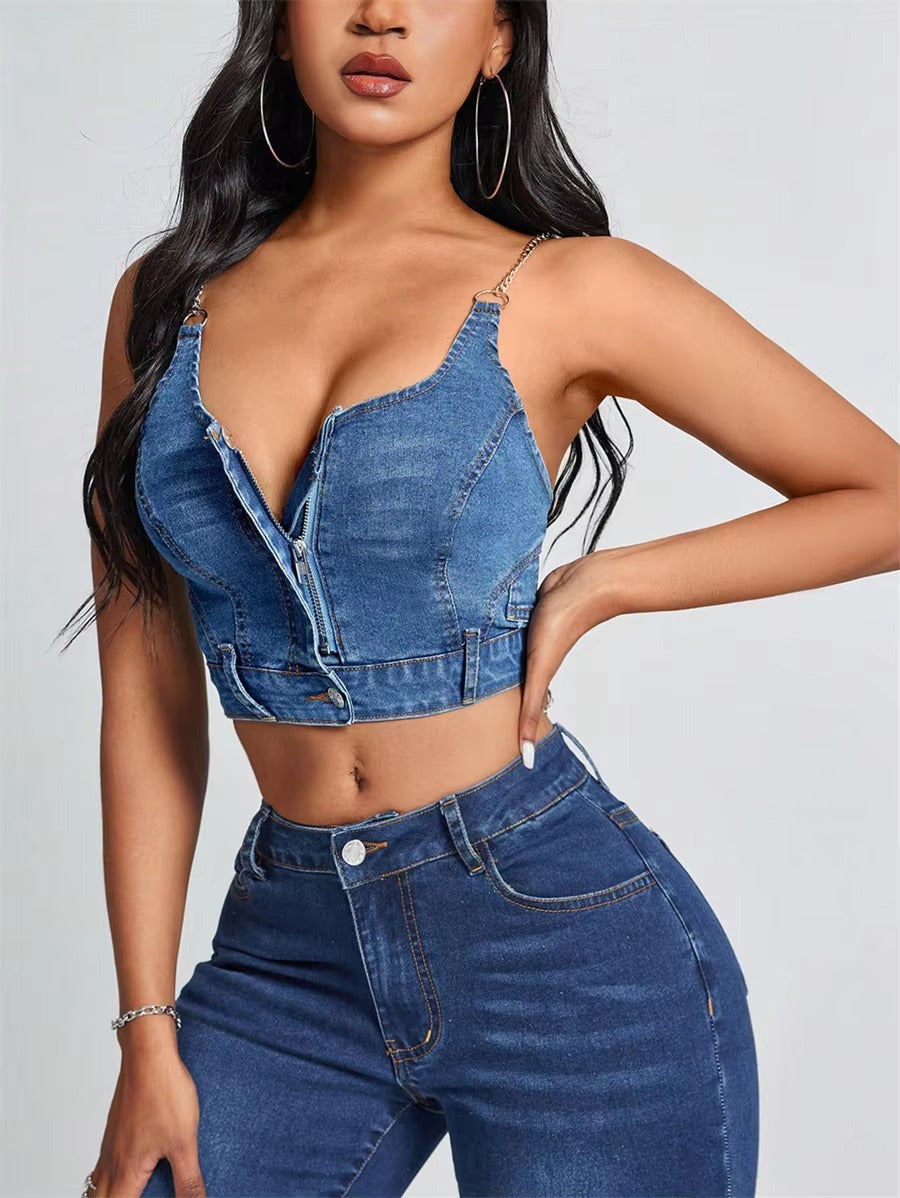 Zipper Front Chain Backless Streetwear Club Party Slim Fit Stretch Jean Cami Top Mssza