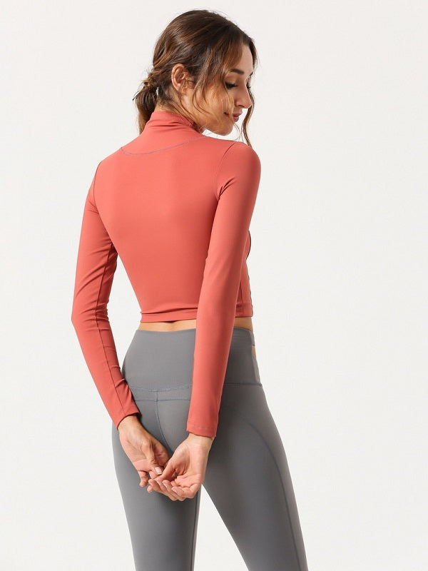 Zipper High Neck Long Sleeve Cropped T Shirt For Sport Mssza