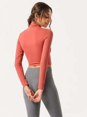 Zipper High Neck Long Sleeve Cropped T Shirt For Sport Mssza