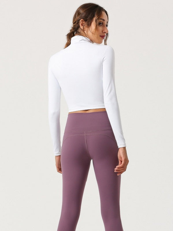 Zipper High Neck Long Sleeve Cropped T Shirt For Sport Mssza