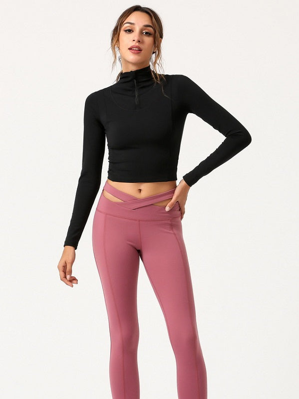 Zipper High Neck Long Sleeve Cropped T Shirt For Sport Mssza