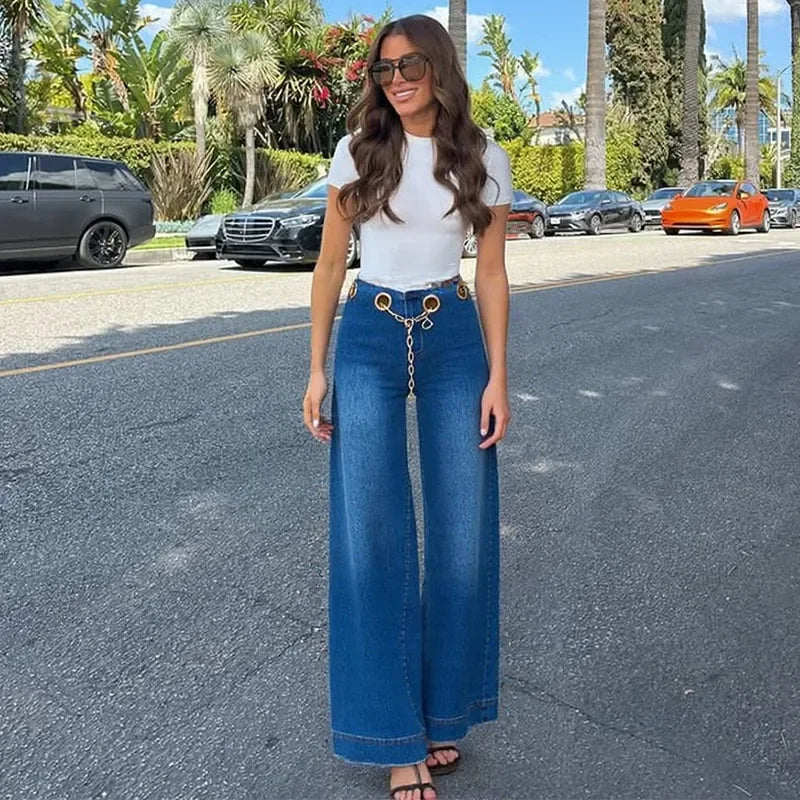 Zipper Pockets Wide Leg Denim Pants Straight Trousers Mssza