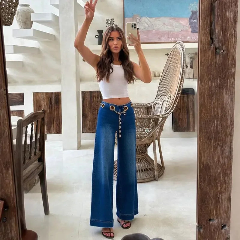 Zipper Pockets Wide Leg Denim Pants Straight Trousers Mssza