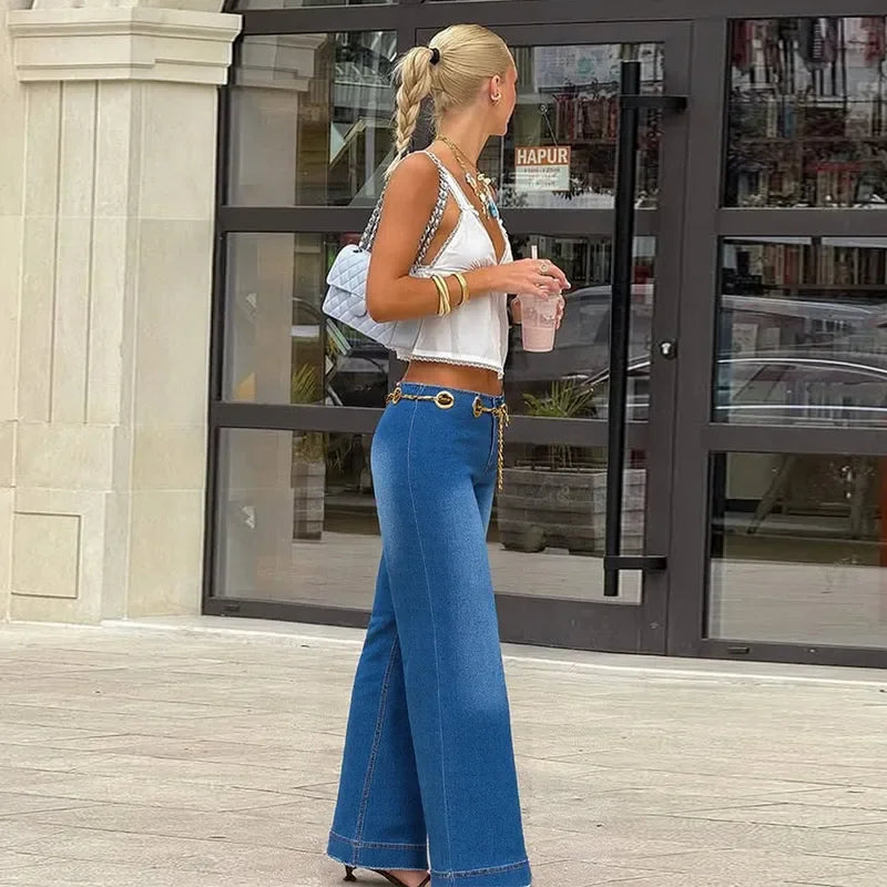Zipper Pockets Wide Leg Denim Pants Straight Trousers Mssza