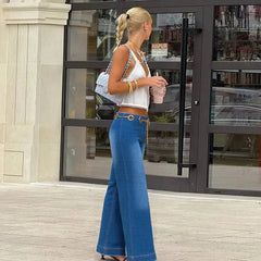 Zipper Pockets Wide Leg Denim Pants Straight Trousers Mssza
