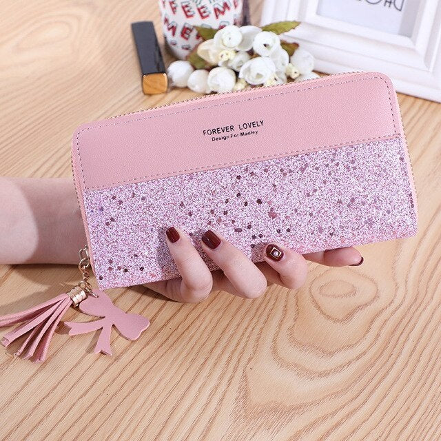 Zipper Stitching Contrast Color Long Tassel Shiny Wallet Mssza
