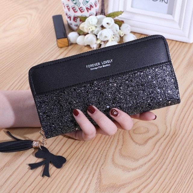 Zipper Stitching Contrast Color Long Tassel Shiny Wallet Mssza