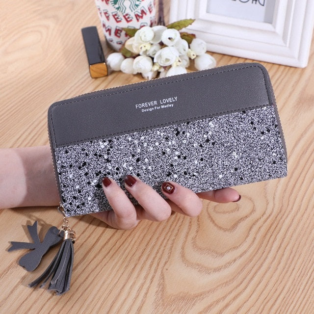 Zipper Stitching Contrast Color Long Tassel Shiny Wallet Mssza
