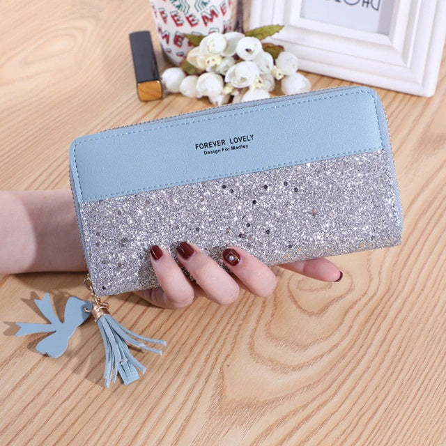 Zipper Stitching Contrast Color Long Tassel Shiny Wallet Mssza