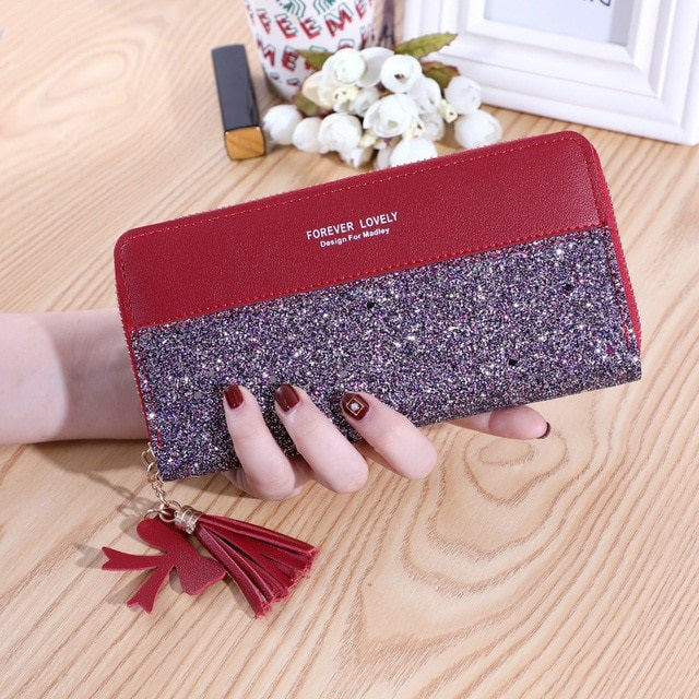 Zipper Stitching Contrast Color Long Tassel Shiny Wallet Mssza