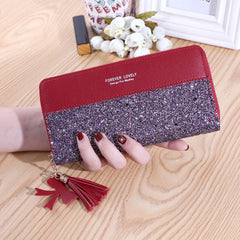 Zipper Stitching Contrast Color Long Tassel Shiny Wallet Mssza