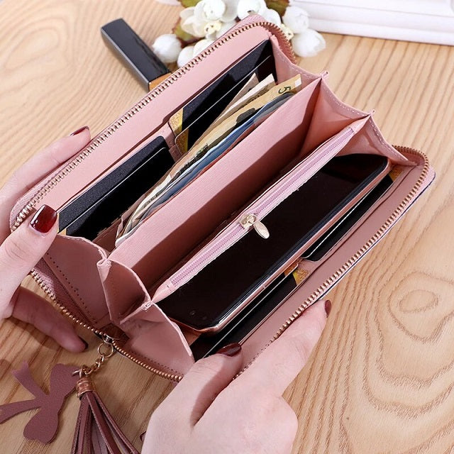Zipper Stitching Contrast Color Long Tassel Shiny Wallet Mssza