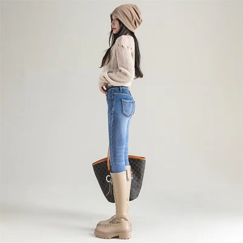 Casual Zipper fly Skinny Thicken Fleece Denim Long Pants Retro Pencil Trousers Mssza