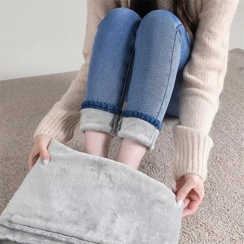 Casual Zipper fly Skinny Thicken Fleece Denim Long Pants Retro Pencil Trousers Mssza