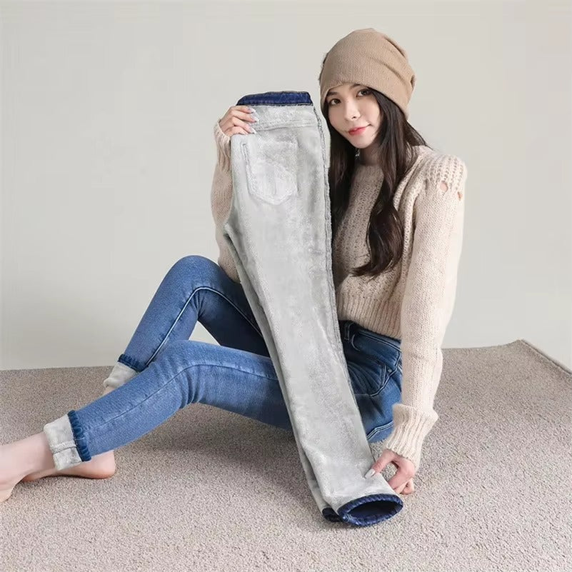 Casual Zipper fly Skinny Thicken Fleece Denim Long Pants Retro Pencil Trousers Mssza