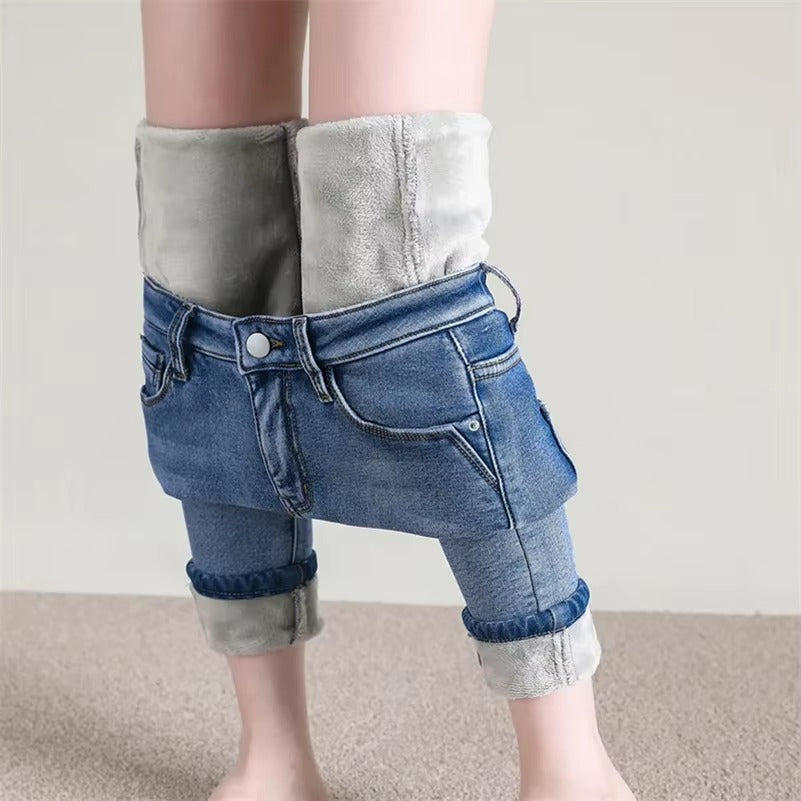 Casual Zipper fly Skinny Thicken Fleece Denim Long Pants Retro Pencil Trousers Mssza