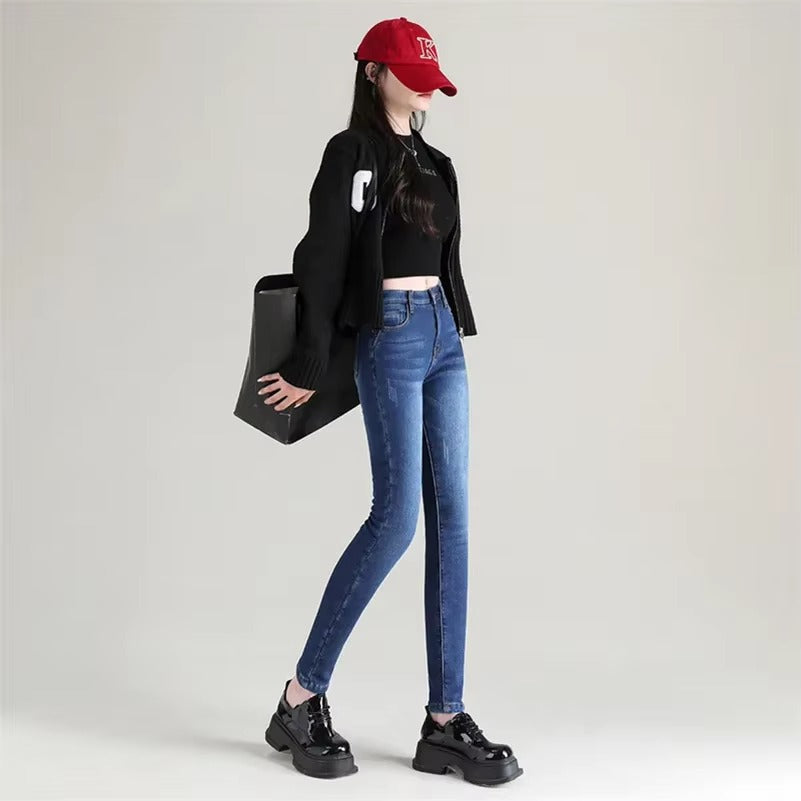 Casual Zipper fly Skinny Thicken Fleece Denim Long Pants Retro Pencil Trousers Mssza