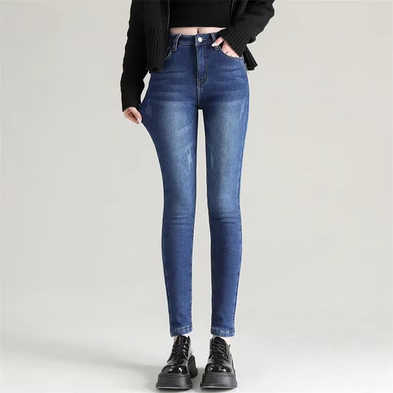 Casual Zipper fly Skinny Thicken Fleece Denim Long Pants Retro Pencil Trousers Mssza