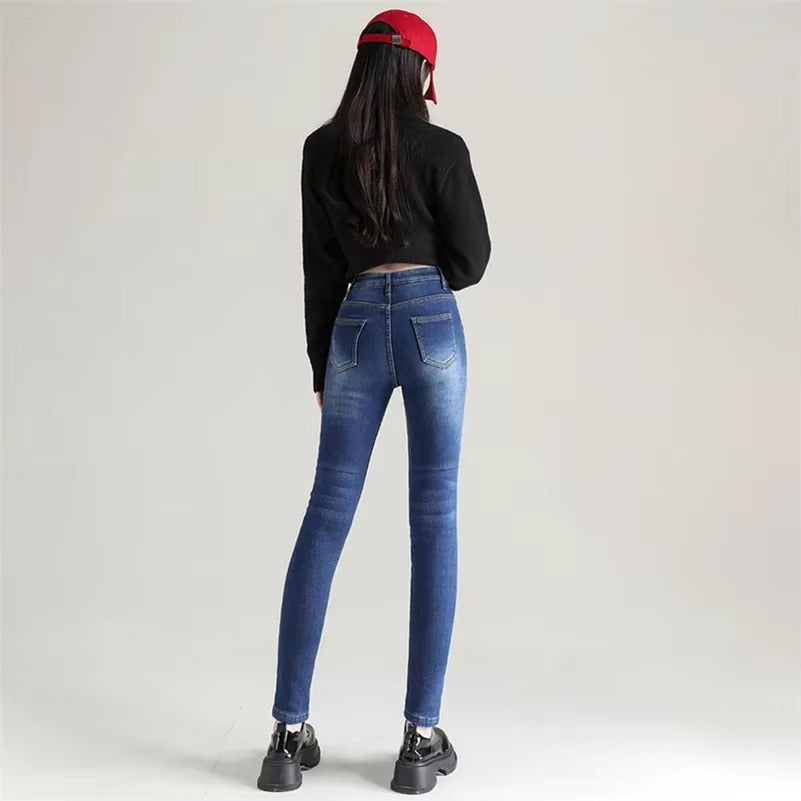 Casual Zipper fly Skinny Thicken Fleece Denim Long Pants Retro Pencil Trousers Mssza
