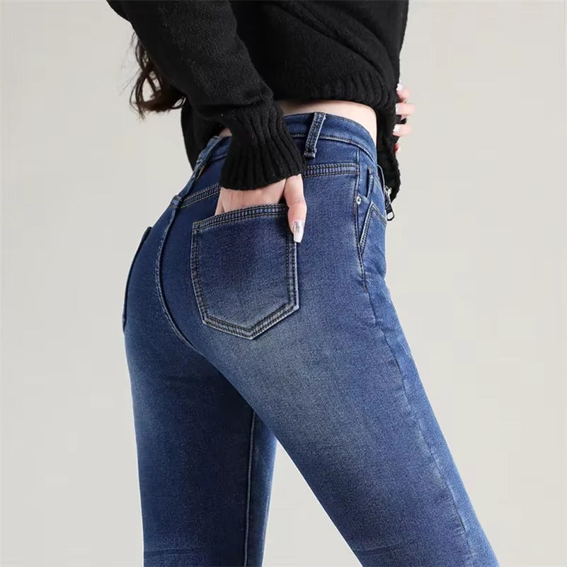 Casual Zipper fly Skinny Thicken Fleece Denim Long Pants Retro Pencil Trousers Mssza