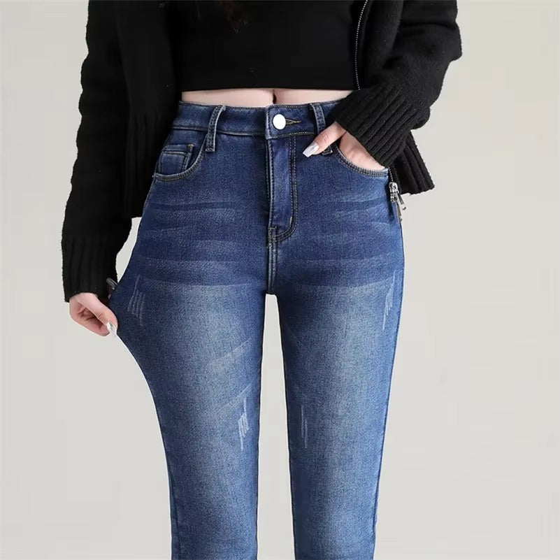 Casual Zipper fly Skinny Thicken Fleece Denim Long Pants Retro Pencil Trousers Mssza