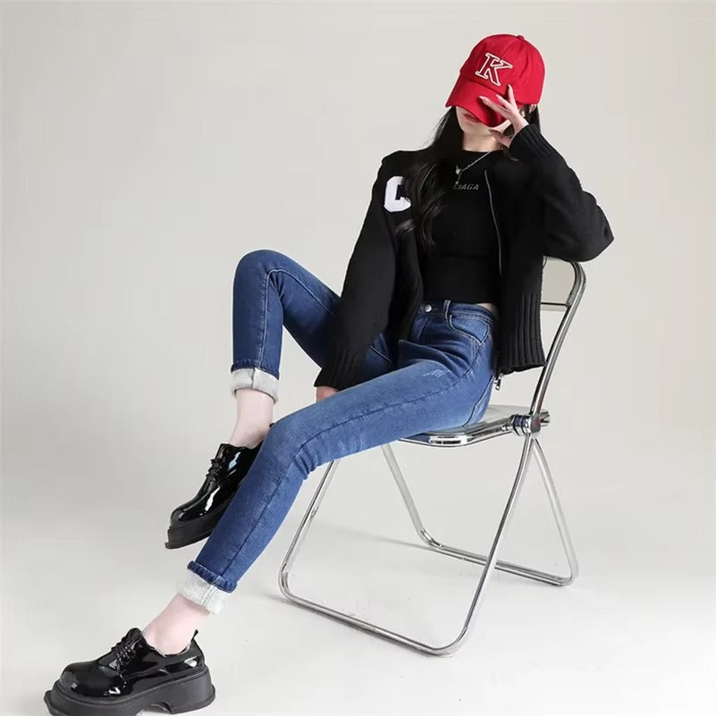 Casual Zipper fly Skinny Thicken Fleece Denim Long Pants Retro Pencil Trousers Mssza