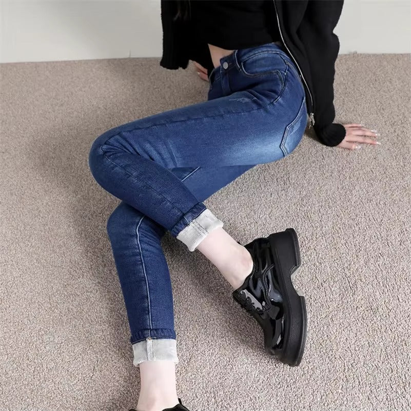 Casual Zipper fly Skinny Thicken Fleece Denim Long Pants Retro Pencil Trousers Mssza
