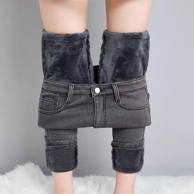 Casual Zipper fly Skinny Thicken Fleece Denim Long Pants Retro Pencil Trousers Mssza