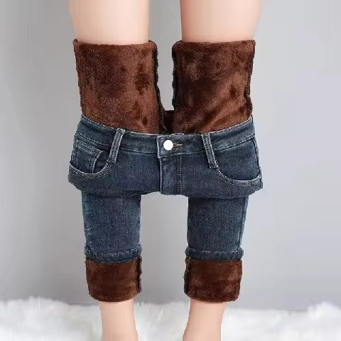 Casual Zipper fly Skinny Thicken Fleece Denim Long Pants Retro Pencil Trousers Mssza
