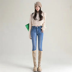Casual Zipper fly Skinny Thicken Fleece Denim Long Pants Retro Pencil Trousers Mssza