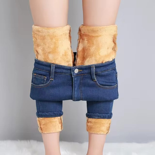 Casual Zipper fly Skinny Thicken Fleece Denim Long Pants Retro Pencil Trousers Mssza