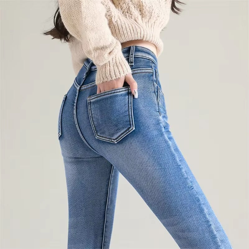 Casual Zipper fly Skinny Thicken Fleece Denim Long Pants Retro Pencil Trousers Mssza