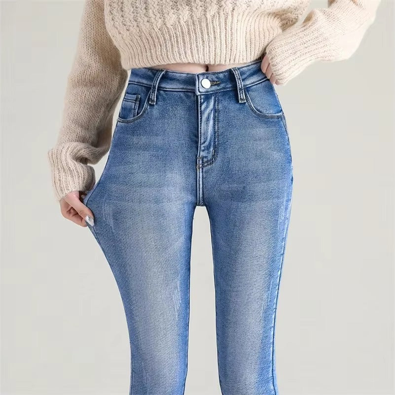 Casual Zipper fly Skinny Thicken Fleece Denim Long Pants Retro Pencil Trousers Mssza