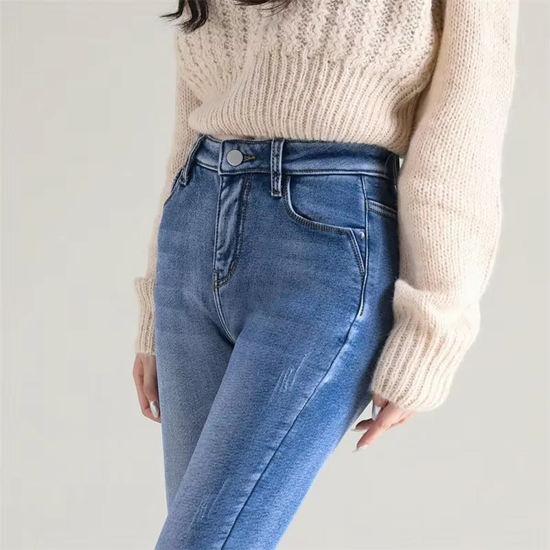 Casual Zipper fly Skinny Thicken Fleece Denim Long Pants Retro Pencil Trousers Mssza