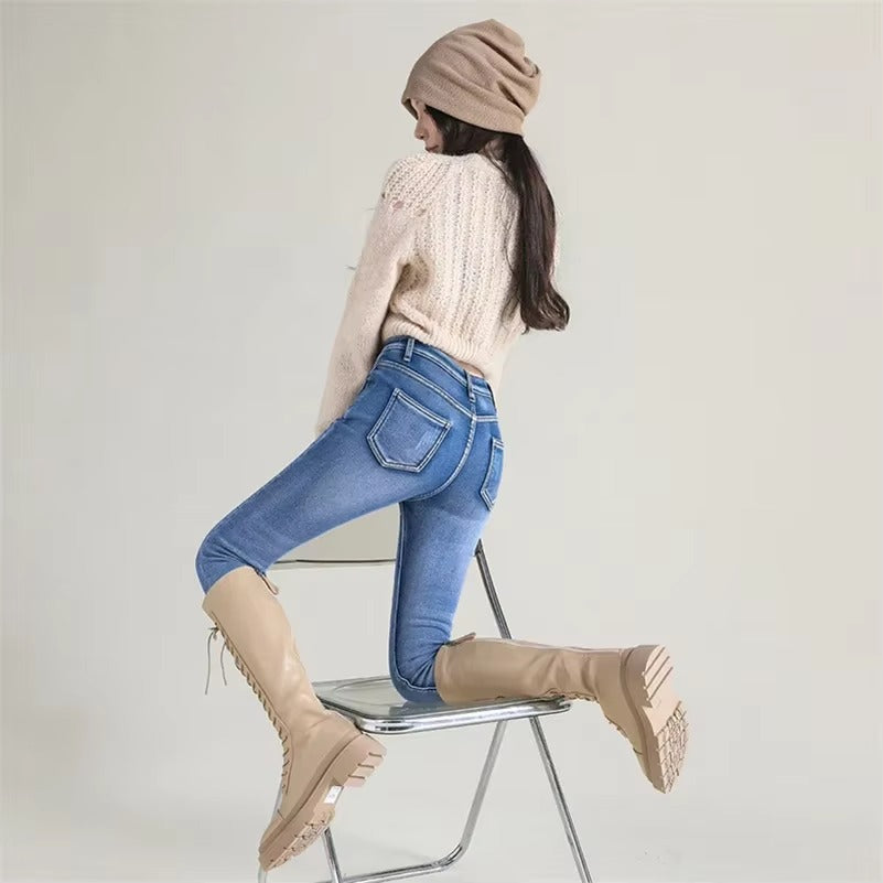 Casual Zipper fly Skinny Thicken Fleece Denim Long Pants Retro Pencil Trousers Mssza
