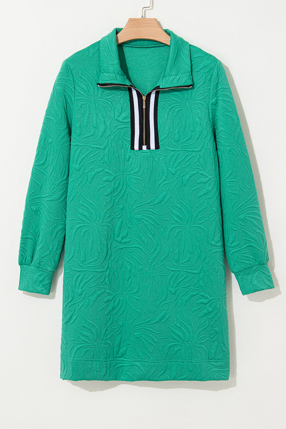 Sea Green Jacquard Textured Quarter Zipper Shift Mini Dress Mssaz Desses