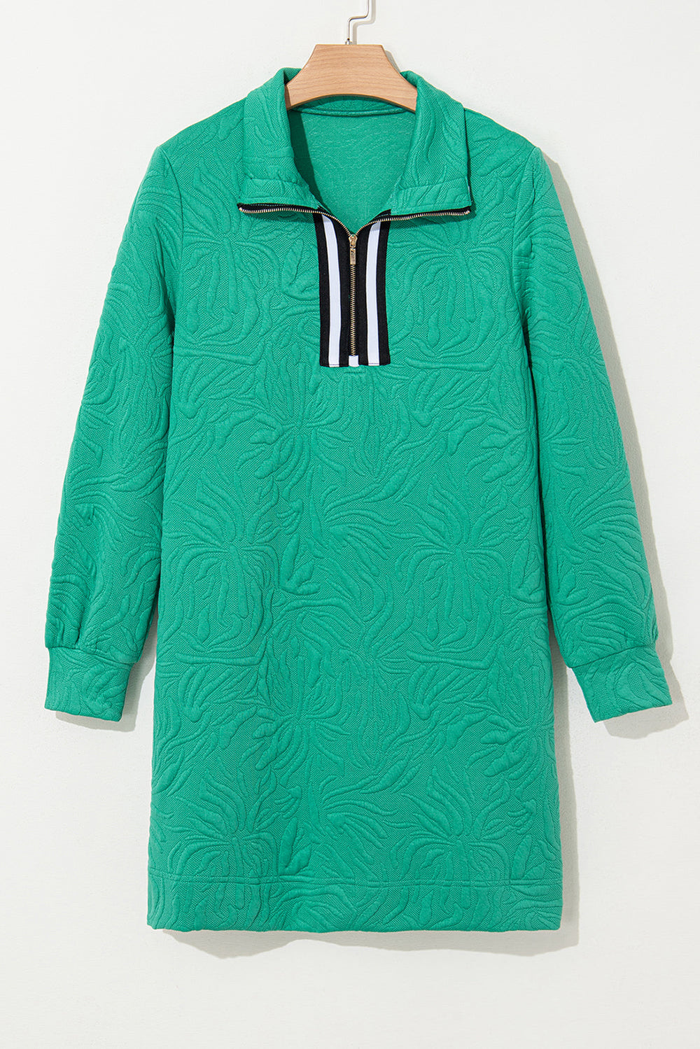 Sea Green Jacquard Textured Quarter Zipper Shift Mini Dress Mssaz Desses