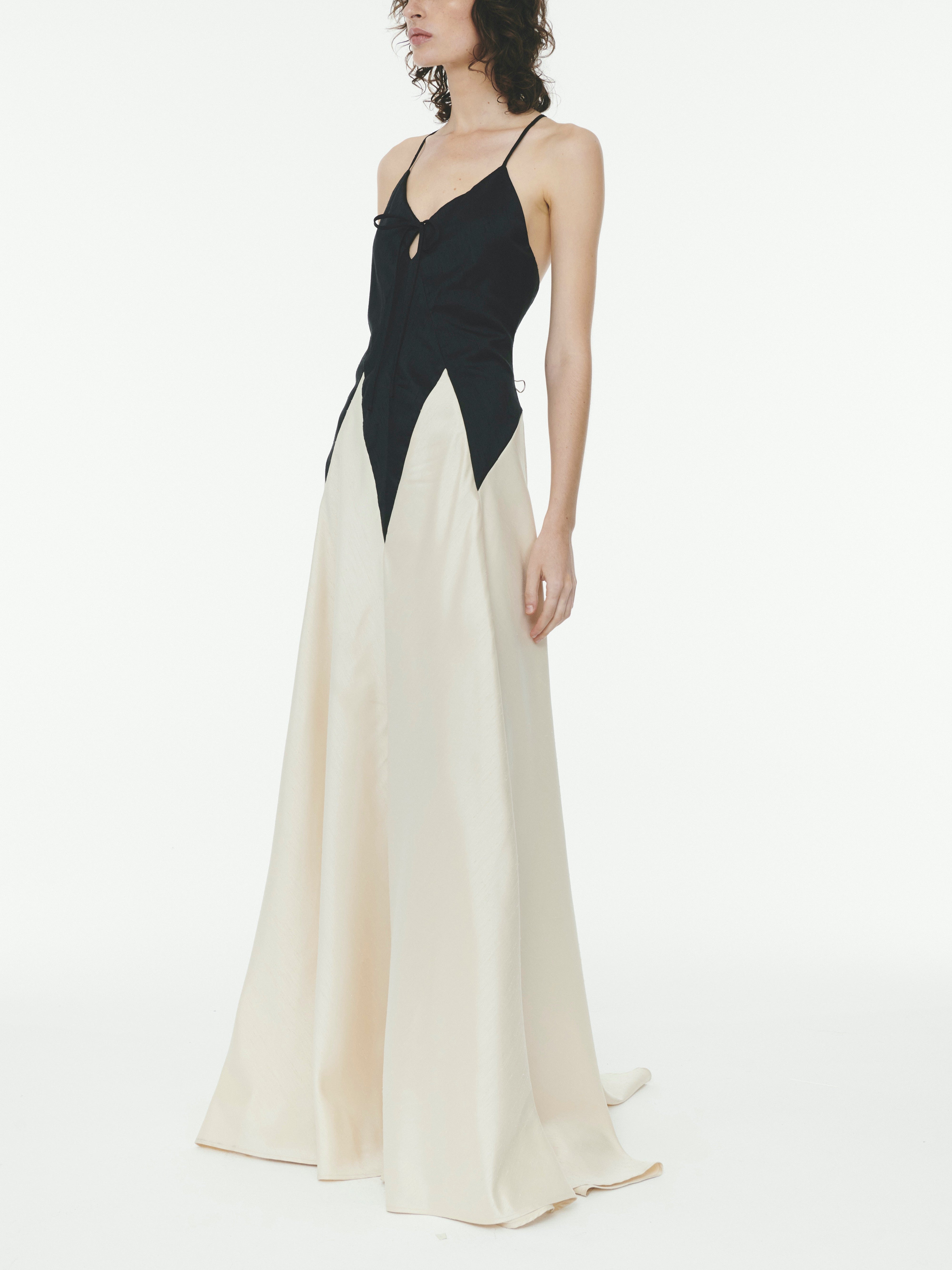 Contrasting Stitching Slim Suspender Maxi Dress Mssaz Desses