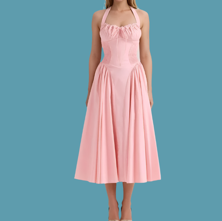 Corset Style Bow Halter Spliced Lace Midi Dress Mssaz Desses