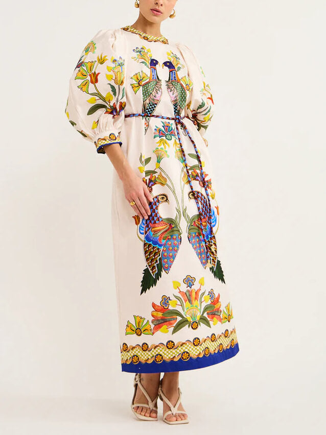 Exquisite And Fun Printed Puff Sleeves Loose Casual Midi Dress Mssaz Desses