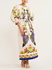 Exquisite And Fun Printed Puff Sleeves Loose Casual Midi Dress Mssaz Desses