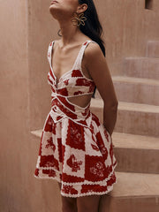 Floral Decorative Unique Print V-Neck Hollow A-Line Mini Dress Mssaz Desses