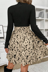 Black Ribbed Knit Patchwork Printed Belted A-line Dress Mssaz Desses