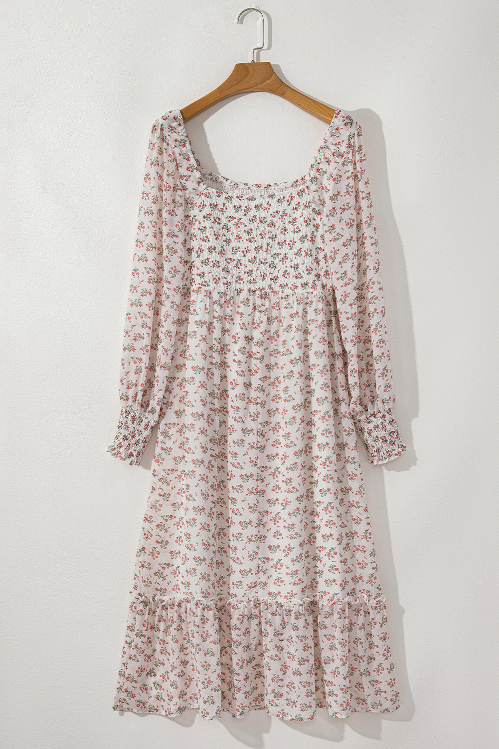 White Floral Print Shirred Ruffled Hem Square Neck Midi Dress Mssaz Desses