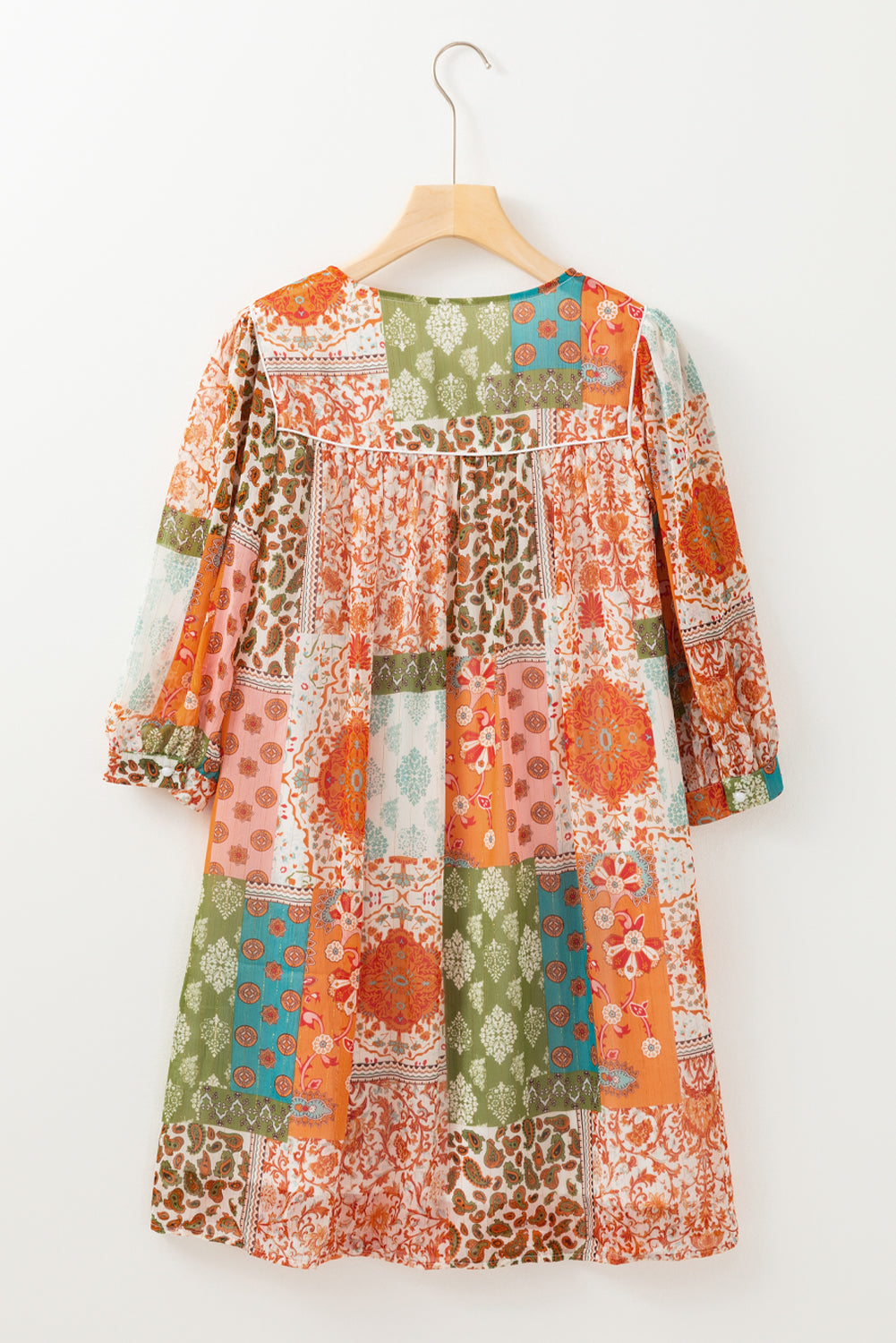 Orange Boho Paisley Mixed Print 3/4 Sleeve Chiffon Loose Dress Mssaz Desses