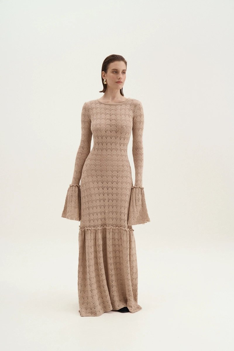 Anna Round Neck Flared Cuff Knitted Maxi Dress Mssaz Desses