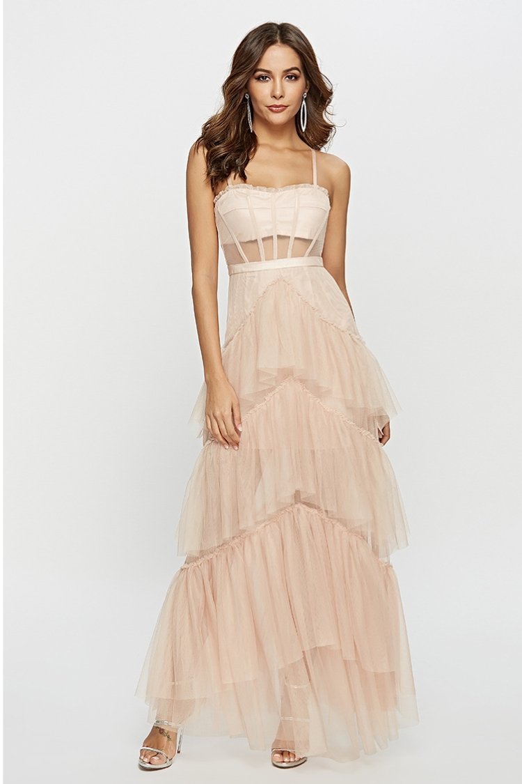 Arlene Corset Leayered Mesh Slip Maxi Dress Mssaz Desses