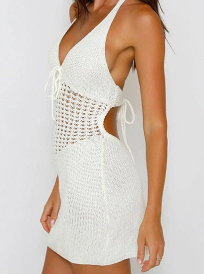 Halter Crochet Waist Backless Knit Mini Dress Mssaz Desses
