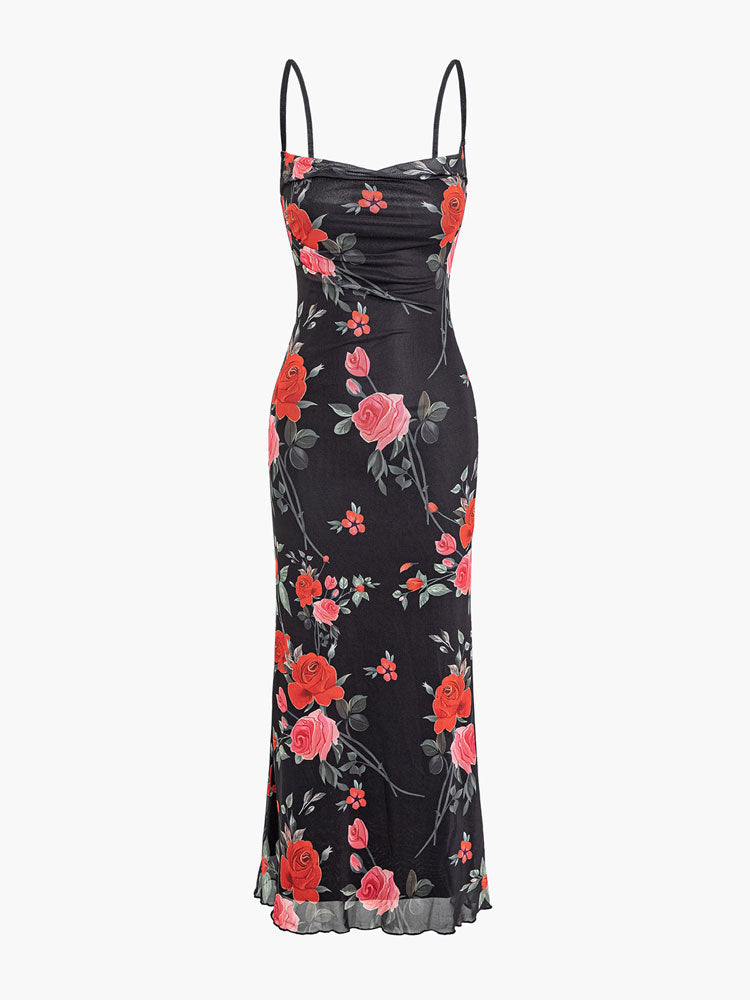 Floral Print Mesh Spaghetti Strap Maxi Dress Mssaz Desses