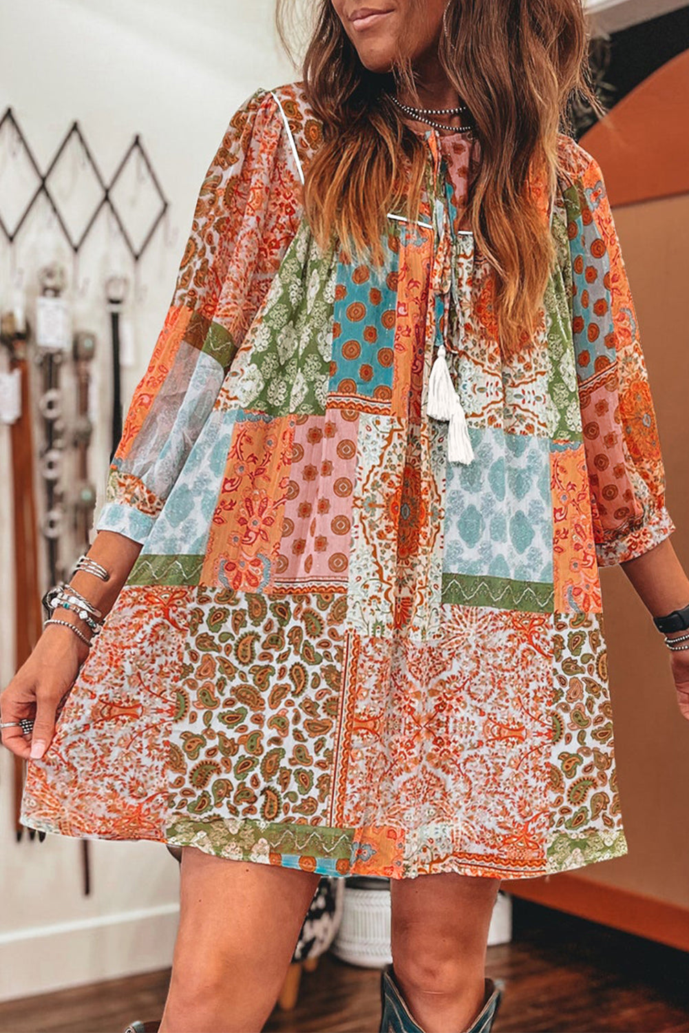 Orange Boho Paisley Mixed Print 3/4 Sleeve Chiffon Loose Dress Mssaz Desses